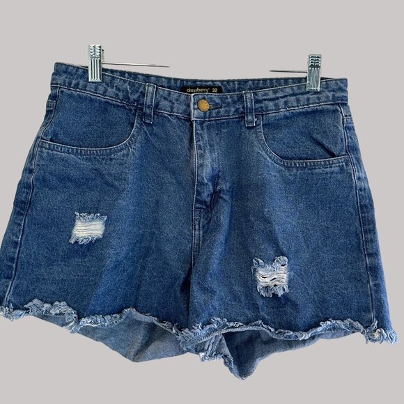 Dressberry Distressed Women's Cotton Denim Shorts 32 W/ Frayed Hem & Pockets - Picture 2 of 12